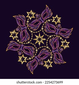 Round purple pattern like mandala for Carnival. Masquerade mask, shiny golden stars, string of gold beads. For prints, clothing, back of t shirt, plate, surface design