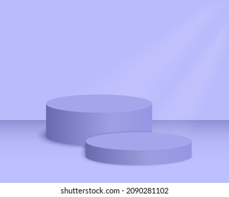 Round purple podiums. Empty pedestal mockup in trendy very peri colors for product presentation. Clean cylindrical showcase platform. Vector realistic illustration in minimalism style.