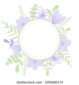 Round purple vector frame with flower and leaves. Illustration or wedding invitation card, print.