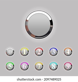Round push button with numbers vector illustration. Circle push button with numbers. Colorful metallic circle 3d icon set with number bullet point from 0 to 9. Numbers for any interface, elevator.