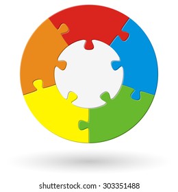 round puzzle with base and five options in different colors