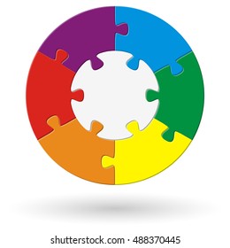 round puzzle with base and six options in different colors