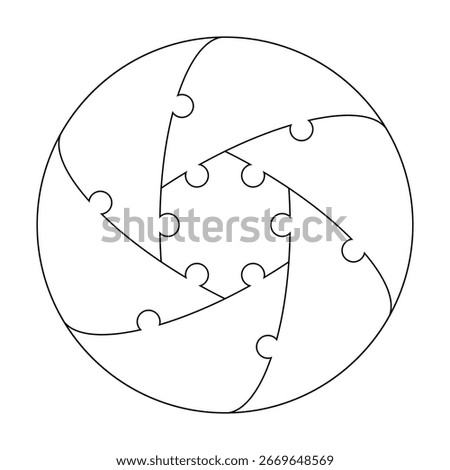 Round puzzle. Circular jigsaw with 7 connected pieces forming a circle. Symbol of teamwork, unity, cooperation, integration. Perfect for infographic, business presentations, logo design, and education