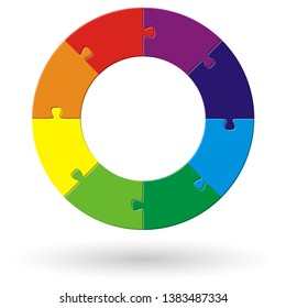round puzzle with eight options in different colors
