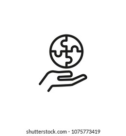 Round puzzle on human hand line icon. Jigsaw, circle, part. Management concept. Can be used for topics like challenge, integrity, problem solving.