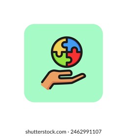 Round puzzle on human hand line icon. Jigsaw, circle, part. Management concept. Can be used for topics like challenge, integrity, problem solving.