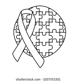 round puzzle pieces with ribbon autism emblem vector illustration outline design