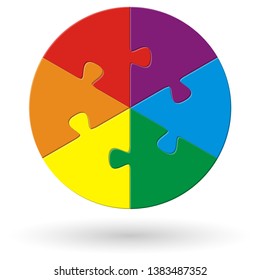 round puzzle with six options in different colors