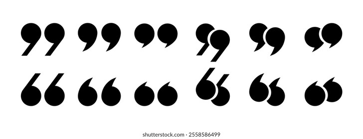 Round quotation marks icons are black on a white background. A set of linear icons, commas. Check mark or checkbox, quote icons in comments. Vector EPS 10.