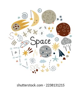 Round quote design. Outer space on a white background. Drawing for prints on t-shirts and bags or a poster. Vector