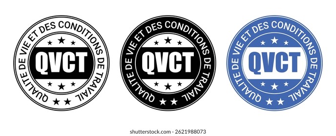 round qvct badge labels in black, white, and blue with french text, stars, and circular stamp design for official or quality marking use	