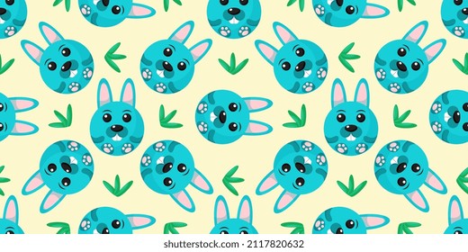 Round Rabbits Seamless pattern. Vector Background with the faces of Rabbits. Template for the packaging, baby textile.