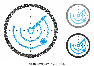 Round radar mosaic of humpy pieces in variable sizes and color tinges, based on round radar icon. Vector humpy pieces are composed into illustration. Round radar icons collage with dotted pattern.