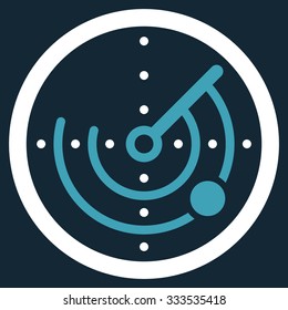 Round Radar vector icon. Style is bicolor flat symbol, blue and white colors, rounded angles, dark blue background.