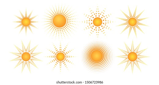 Round radial halftone dot of the sun shape Sunny pattern of orange dots spots rays on a white background Set Logo design element halftone textures frame Abstract orange dot spot of the sun rays Vector