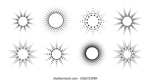 Round radial halftone dots Graphic circle pattern of black dots spots rays on a white background Set Logo design element halftone textures circle frame tech ads Abstract dot speck radial mosaic Vector