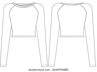 round raglan neck long sleeve cropped crop blouse top template technical drawing flat sketch cad mockup fashion woman design style model 