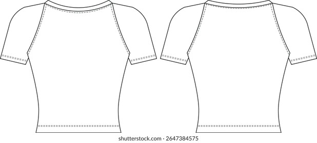 round raglan neck short sleeve fit elastic sport casual raglan tshirt tee template technical drawing flat sketch cad mockup fashion woman design style model 