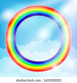 Round rainbow frame and clouds in the blue sky.