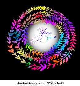 Round rainbow frame of twigs with leaves