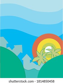 round rainbow,flat landscape, dappled sky, green trees, rivers, hills. vector illustration, eps 10. recomended image for fans of nature-themed flat design to collect, brings a cool nuance