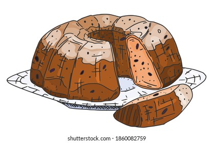 round raisin muffin with icing. vector doodle sketch