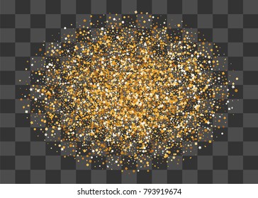 Round random falling shimmer dust golden confetti. Transparent gold background luxury shine foil vector. Carnival glitter design. Shine banner card sparkle. Decorative festive holiday backdrop.