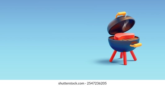 Round realistic barbecue grill 3D, meat, blue banner. BBQ. Modern banner for the concepts of recreation in nature, cooking delicious meat. Vector illustration.