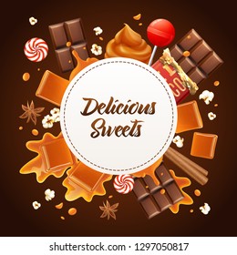 Round realistic caramel frame composition with delicious sweets headline caramel and chocolate vector illustration