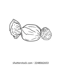Round realistic chocolate candy in foil package in black isolated on white background. Hand drawn vector sketch illustration in doodle engraved vintage outline. Gift, tasty, delicious, bakery, design