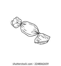 Round realistic chocolate candy in foil package in black isolated on white background. Hand drawn vector sketch illustration in doodle engraved vintage outline. Gift, tasty, delicious, bakery, design