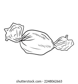 Round realistic chocolate candy in foil package in black isolated on white background. Hand drawn vector sketch illustration in doodle engraved vintage outline. Gift, tasty, delicious, bakery, design