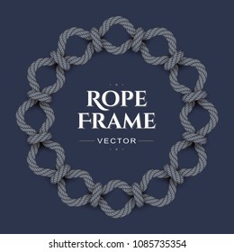 Round realistic rope frame with knots and loops. Vector image.