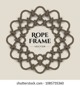 Round realistic rope frame with knots and loops. Vector image.