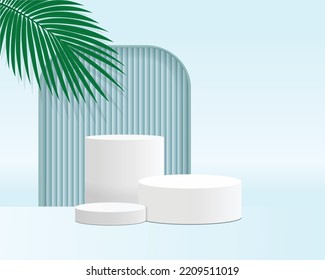 Round realistic stand on pedestal geometric. Background  vector  scene with shadow leaf geometric platform. Pastel room minimal wall scene 3d vector illustration.