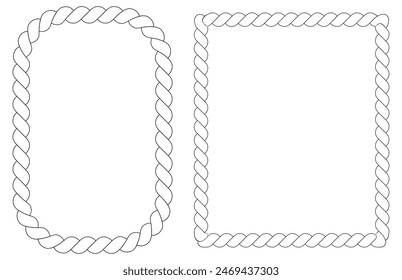 Round and rectangle rope curve symbol set. Different-thickness circular ropes set for decoration. Vector isolated on white.