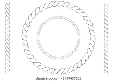 Round and rectangle rope curve symbol set. Different-thickness circular ropes set for decoration. Vector isolated on white.