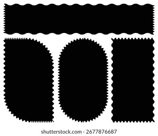 Round and Rectangle shape frame with zigzag edge. Rectangular jagged curved box element. Geometric zig zag wavy stickers. Wiggly undalute square badge, ate poster, banner, social media template. eps10
