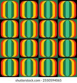 Retângulo arredondado em padrão quadrado sem emenda. Fundo padrão abstrato de vermelho brilhante, verde, amarelo e preto. Forma geométrica, moderno, vintage e conceito retro para moda, textura e papel de parede.