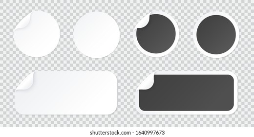 Round and rectangle sticker template with peel of corner, black and white price tag or promo label template isolated. Vector adhesive abstract patch illustration with curled corner.