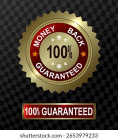 Round and rectangular emblems in gold color with the text of the product guarantee