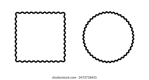 Round and rectangular frames with curvy edges. Circle and square shapes with undulated borders. Empty frilly text boxes, tags or labels isolated on white background. Vector graphic illustration.