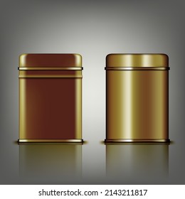 Round And Rectangular Golden Glossy Tin Can For Tea, Coffee, Sugar Or Cookies. EPS10 Vector