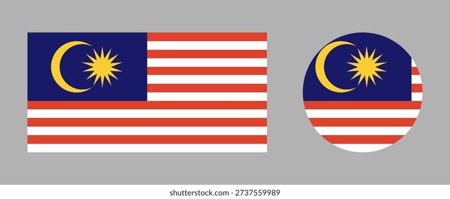 Round, rectangular Malaysia Flag icons. Malaysia Flag circular badges. National symbol. Circle, rectangle Flag of Malaysia buttons set.