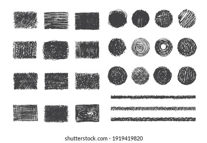 Round and rectangular pencil scribble frames. Grunge turn dividers. Vector chalk background.