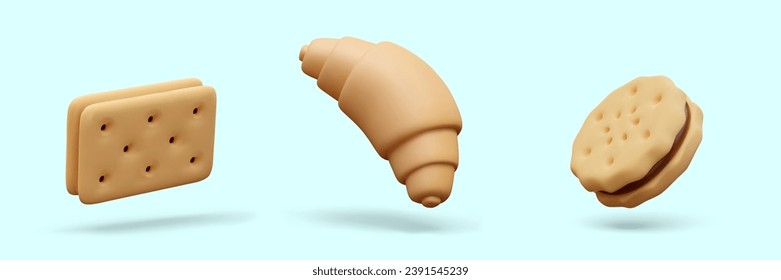 Round and rectangular sandwich cookies, croissant. Crunchy cracker for snack. Different types of pastries with fillings. Set of illustrations on blue background