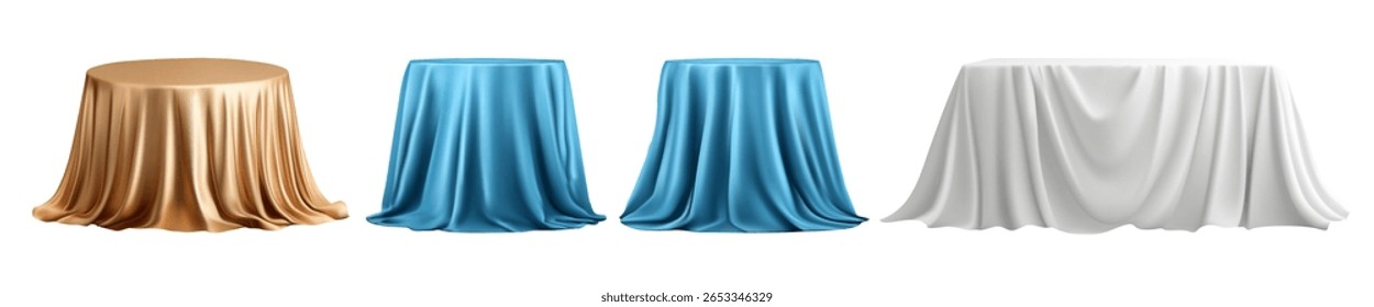 Mesas redondas e retangulares cobertas com dobras de tecido de ouro sedoso, azul e branco, isoladas sobre fundo transparente para maquetes elegantes. Vetor