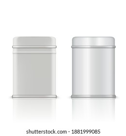 Round And Rectangular White Glossy Tin Can For Tea, Coffee, Sugar Or Cookies. EPS10 Vector