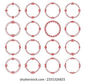 Round red asian frames and borders. Japanese, korean and chinese circle frames. Vector line borders of oriental pattern, traditional knot ornament and geometric motif with square decorations