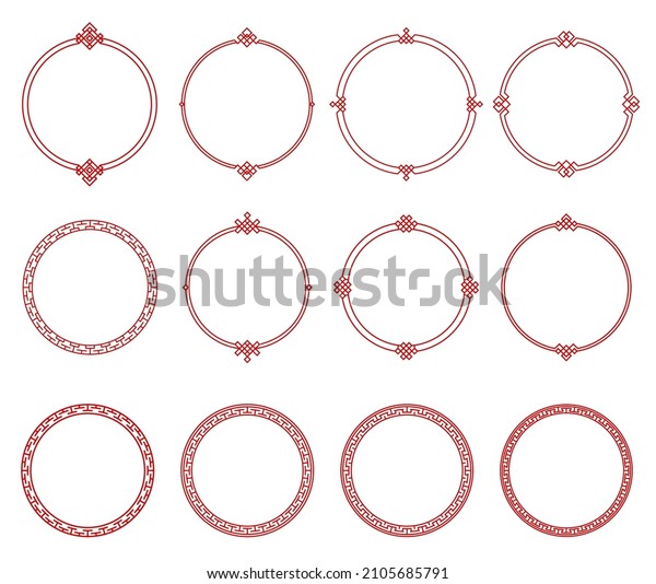 Round red\
Asian frames and borders, Japanese, Korean and Chinese patterns,\
vector. Oriental asian circle line pattern ornaments and\
embellishments of isolated round border\
frame